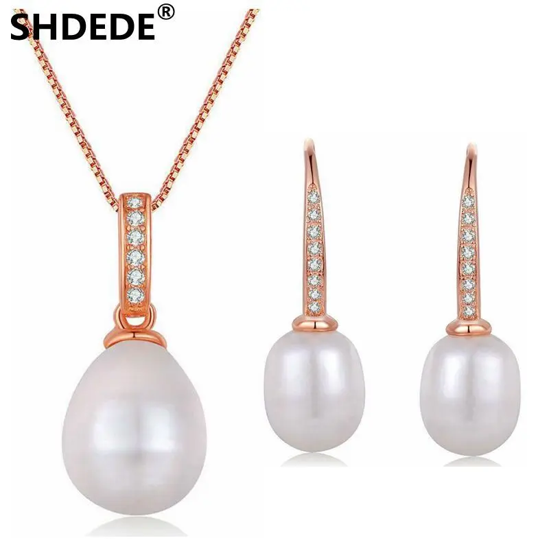 SHDEDE 925 Чистое серебро розовое золото классическое ожерелье и серьги с