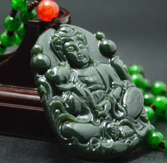 Красивый природный зеленый HeTian нефрит резной китайский GuanYin амулет счастливый