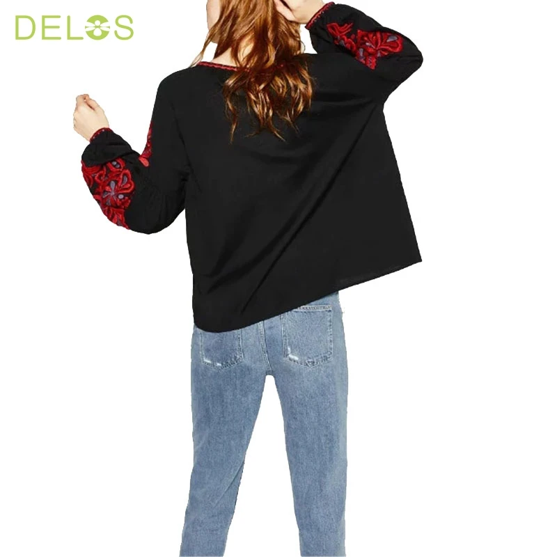 ДЕЛОС Геометрическая Вышивка Кисточкой Блузка Femme Кружева Дамы Свободные Черные