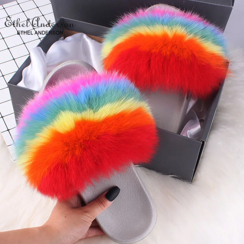 Rainbow(Grey) Ethel Anderson/летние женские меховые тапочки; меховые тапочки из натурального Лисьего меха; лучшие плюшевые пушистые тапочки с лисьим мехом; сандалии на плоской подошве - Цвет: Rainbow(Grey)