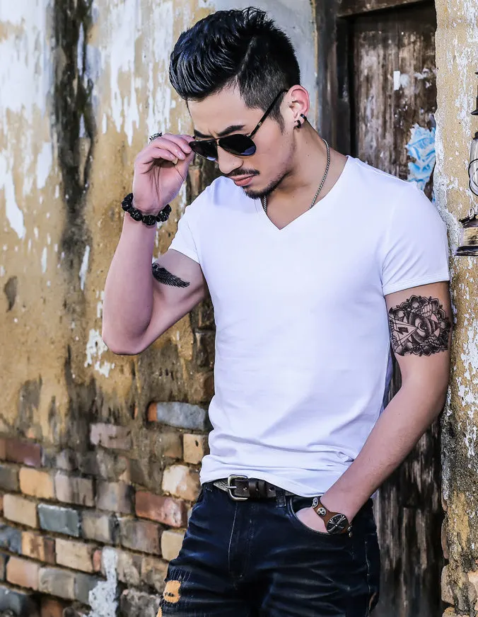 V-Neck White Новинка года, Однотонная футболка мужская черно-белая футболка из хлопка летняя футболка для скейтборда, футболка для скейта топы, европейский размер - Цвет: V-Neck White