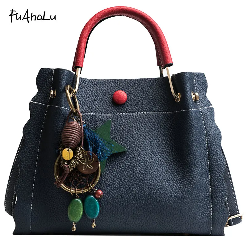 

FuAhaLu Women 's autumn and winter new fashion ornaments satchels bag hit color lychee pattern handbag shoulder Messenger