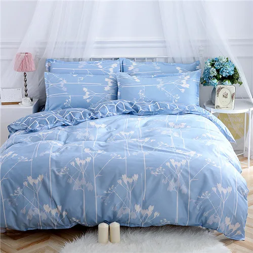 blue silver white Комплект постельного белья с цветочным рисунком, зеленое дерево, постельное белье с листьями, пододеяльник, набор, плоский лист+ пододеяльник+ наволочка с растительным рисунком, комплекты постельного белья для дома - Цвет: blue silver white
