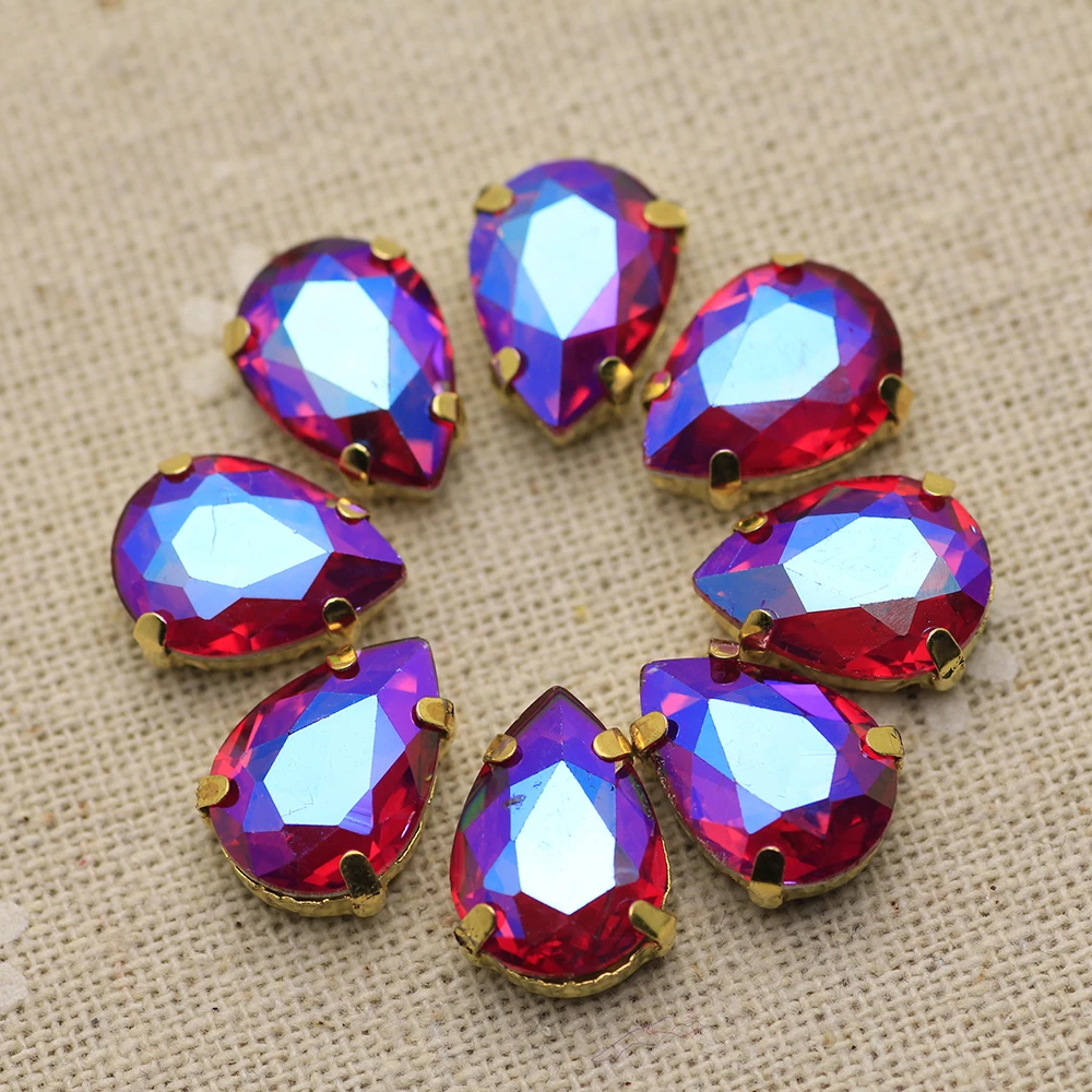 Mix AB color Waterdrop shape sew on Rhinestone with Gold base Rhineestone applique holes Flatback crystal strass DIY cloth | Дом и сад