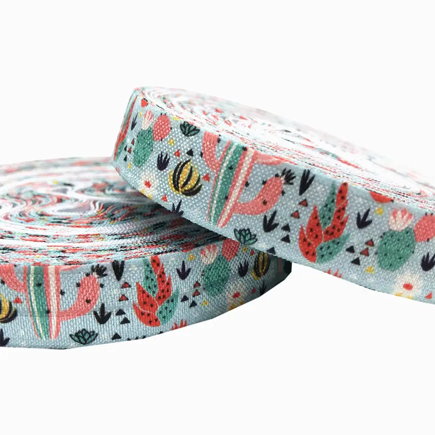 10y 15mm Cactus Lotu Flowers Printed Fold Over Elastic DIY Head Wear FOE Ribbon for Girls Bracelet Sewing Decoration Accessoise | Дом и сад