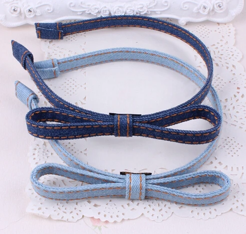 Женская джинсовая повязка на голову синяя с бантом в Корейском стиле аксессуар