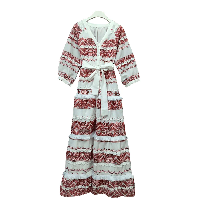 TWOTWINSTYLE Vintage Embroidery Tassel Patchwork Dress For Female V Neck Long Sleeve High Waist Lace Up Midi Dresses Women