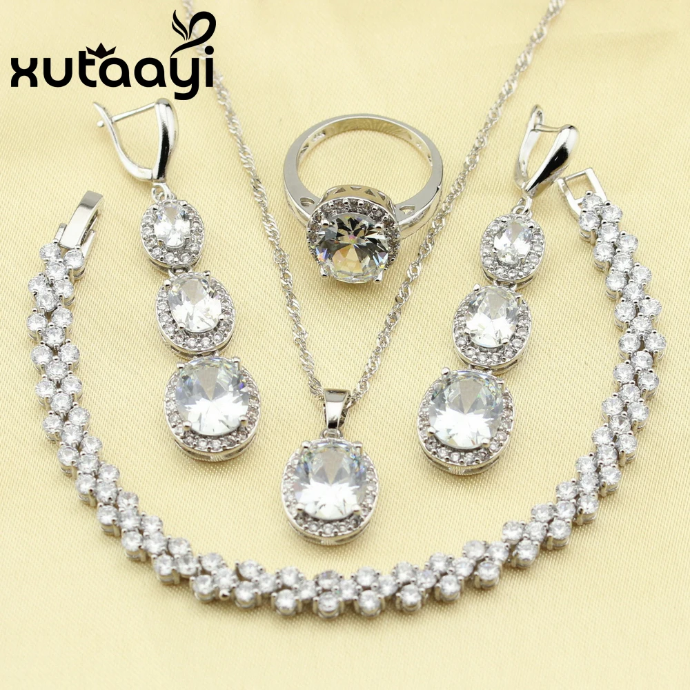 XUTAAYI Jewelry Sets Round White CZ Silver Color For Women Necklace Pendant Bracelets Long Earrings Rings Free Gift Box | Украшения и