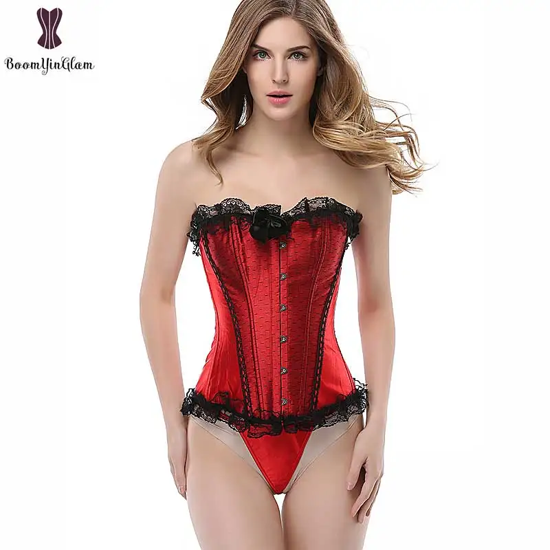 Black Spots Sexy Red Corset Overbust Lace Up Bustier Plus Size Plastic Boned Corselet Gothic Outfit Waist Trainer Cincher Shaper
