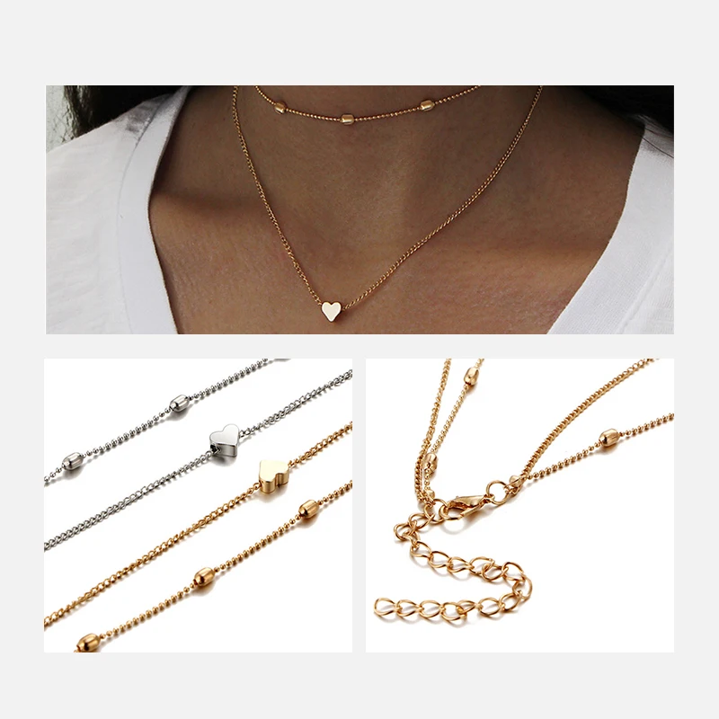 CAIYLAAM Simple Style Heart Layered Necklace Women Fashion Jewelry Gold Color Beads Chain for Ladies Gift | Украшения и