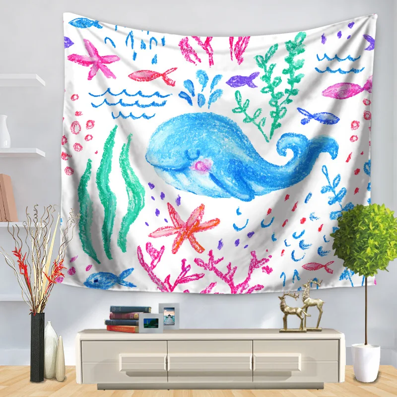 

Home Decorative Wall Hanging Carpet Tapestry Rectangle Bedspread Cartoon Whale Elephant Coconut trees Pattern GT1211