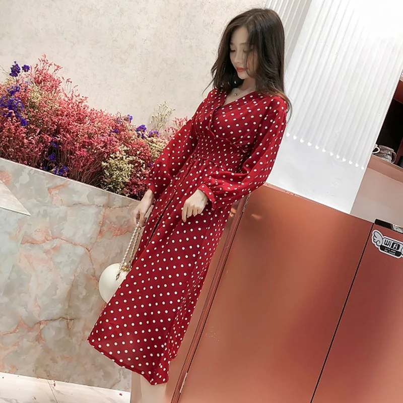Осенне зимнее винтажное платье в горошек Boho 2018 корейские элегантные женские миди