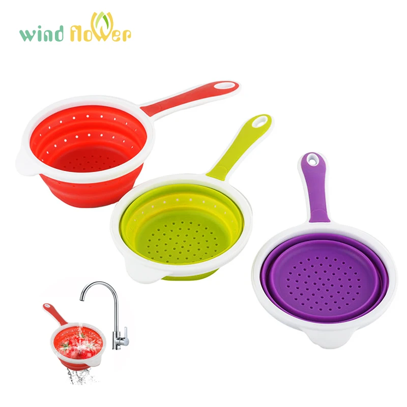 Wind flower Collapsible Silicone Colander Strainer With Handle Fruit Vegetable Basket Drain Kitchen Washing Tool