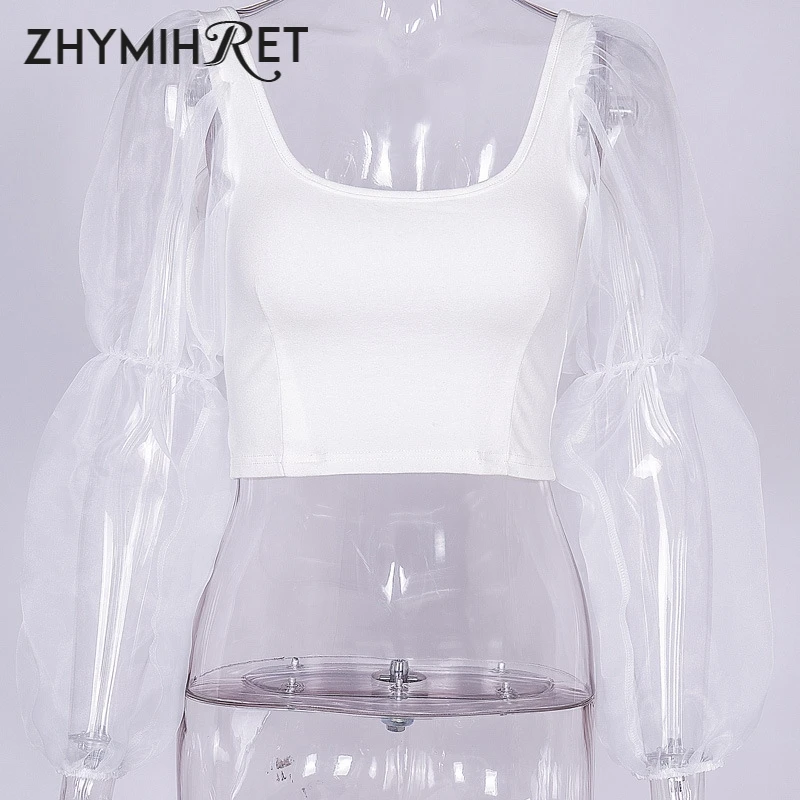 ZHYMIHRET весна 2019 полупрозрачный женский короткий топ с рукавами женская футболка