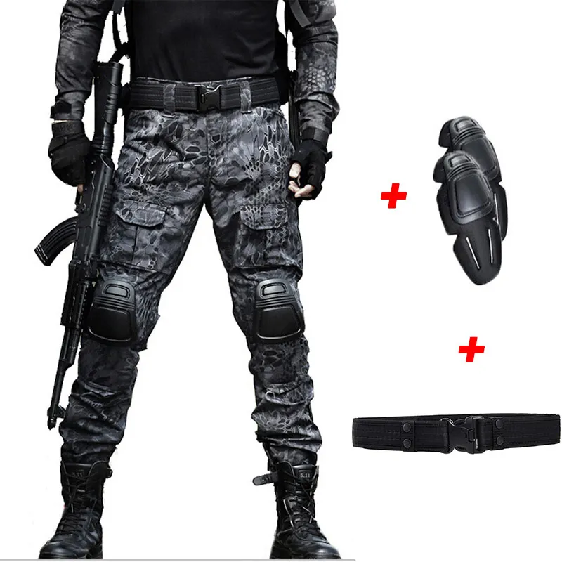 Pants With Pads belt Военные тактические брюки мужские Мульти карманные Панталоны лягушка КАРГО КАМУФЛЯЖ рабочие брюки армейский Охотник SWAT Combat CS Брюки наколенники - Цвет: Pants With Pads belt
