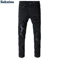 sokotoo mens black patchwork slim fit stretch denim biker jeans for motorcycle casual skinny patch ripped distressed pants