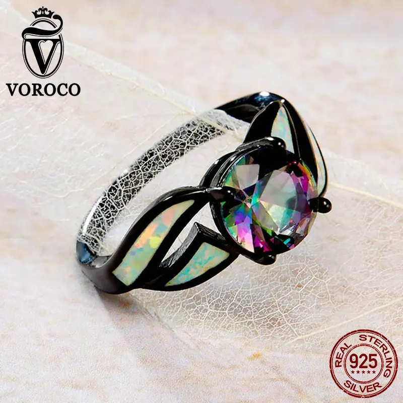 VOROCO натуральный 100% Аутентичные 925 Серебряные кольца Роскошные стекло и опал