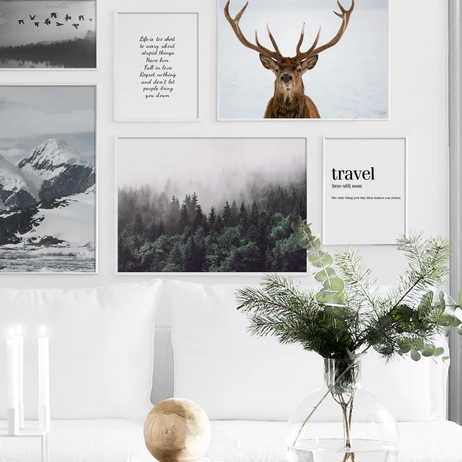 Раскрашивание на холсте: Лес горное дерево олень дорожные цитаты скандинавские