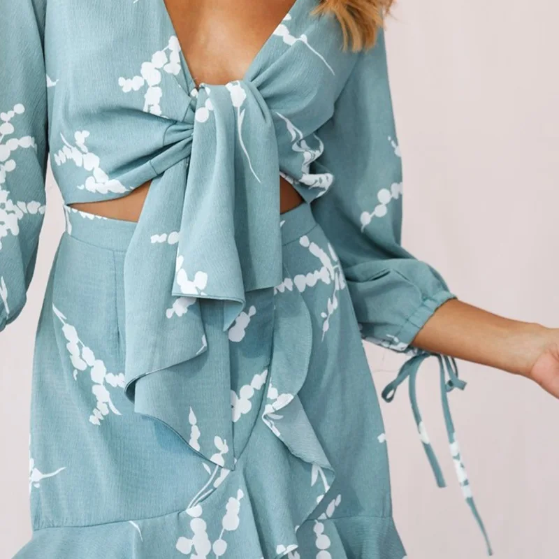 Женский комплект с цветочным принтом летнее короткое платье оборками и бантом