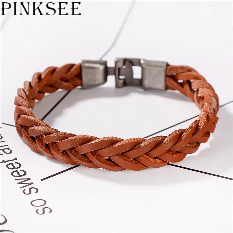 PINKSEE PU мужской женский черный коричневый кожаный браслет с защелкой модный