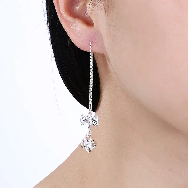 Shiny Cubic Zircon Clover Flower Long Chain White Gold Color Dangle Drop Earrings for Women Engagement Jewelry | Украшения и