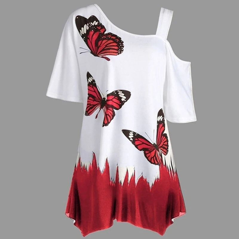 Новые летние футболки для женщин с принтом бабочки Асимметричный топ на одно - Фото №1