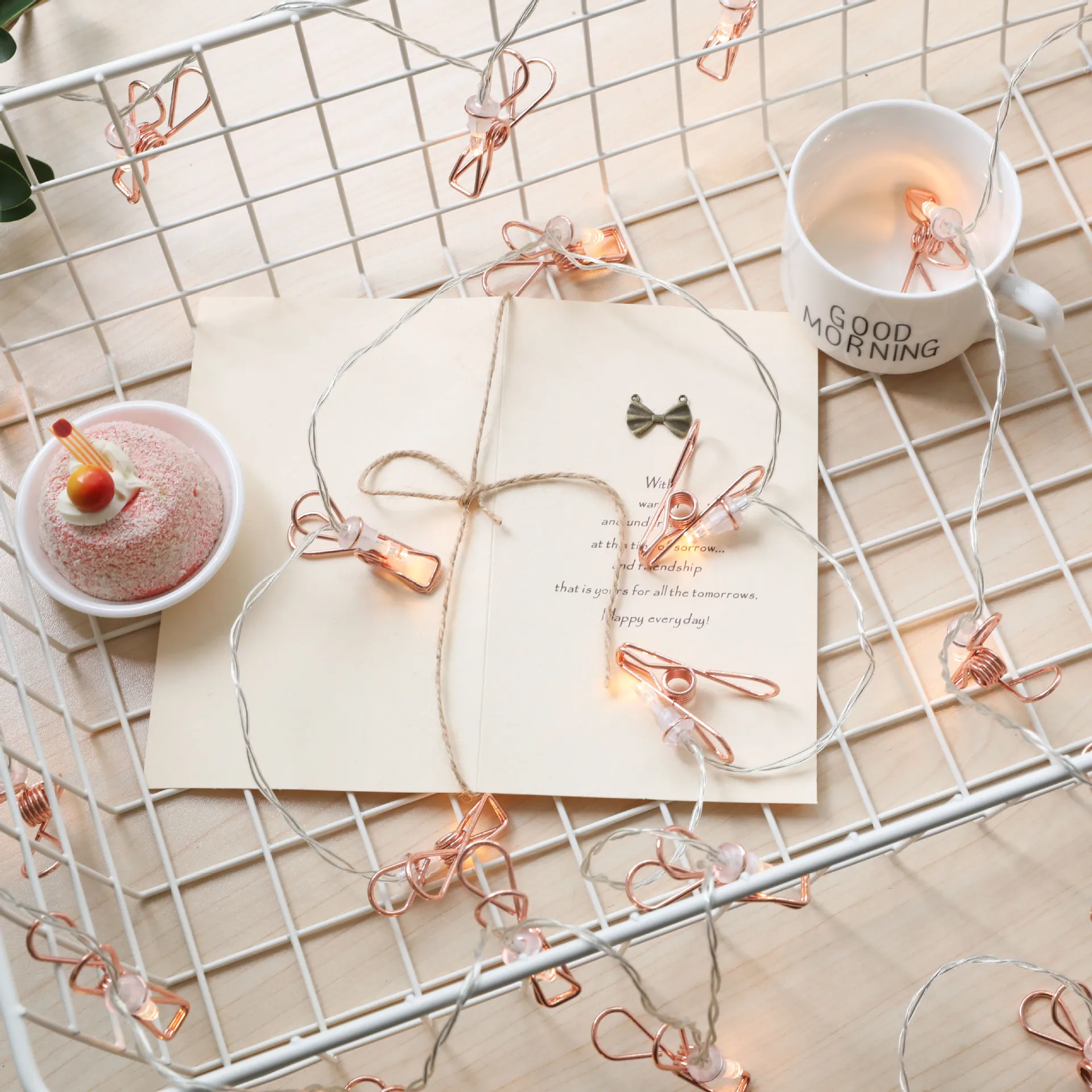 Гирлянда 40 светодиодов розовое золото металлический зажим для фото батарея