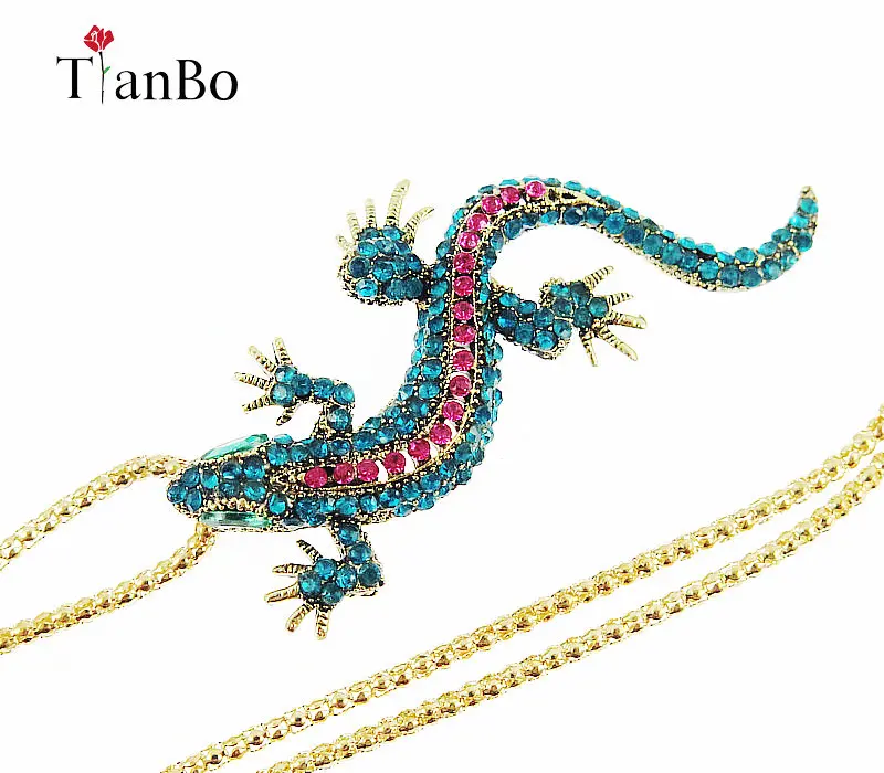 Массивное ожерелье Gecko Ящерица с кристаллом длинная цепочка под свитер кулон