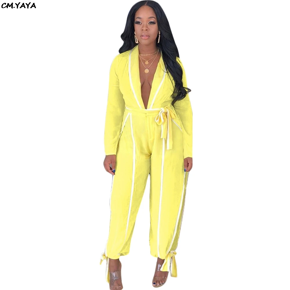 2019 new women summer long sleeve deep v-neck with sashes side split jumpsuit sexy club party romper playsuit 2 color GLS3611 | Женская