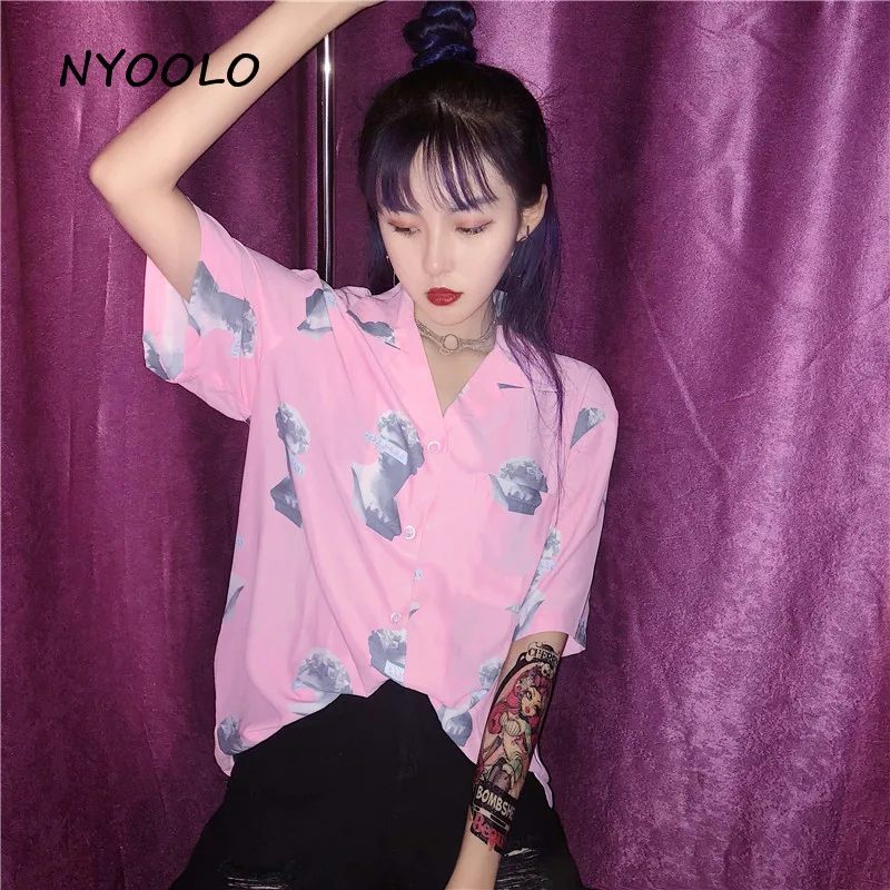 NYOOLO Harajuku винтажная рубашка бойфренда с принтом пистолета и статуи Повседневная