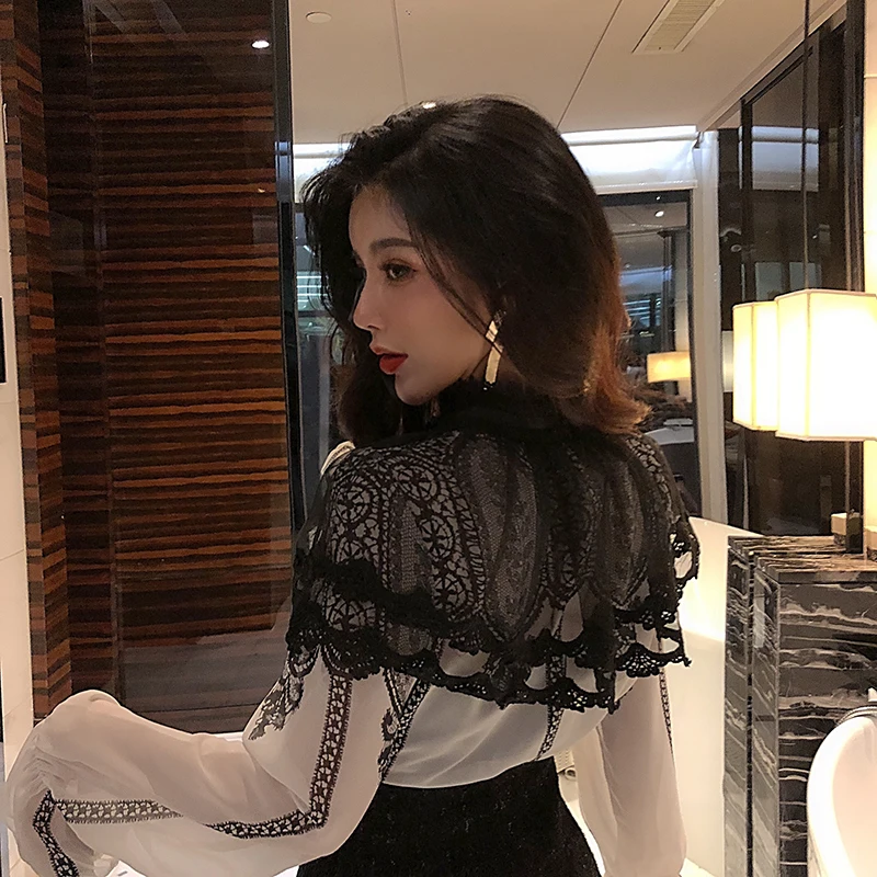 Темперамент женская одежда блузки Модные женские шифоновые рубашки со стоячим воротником кружевные лоскутные перспективные Топы весенние модные новые