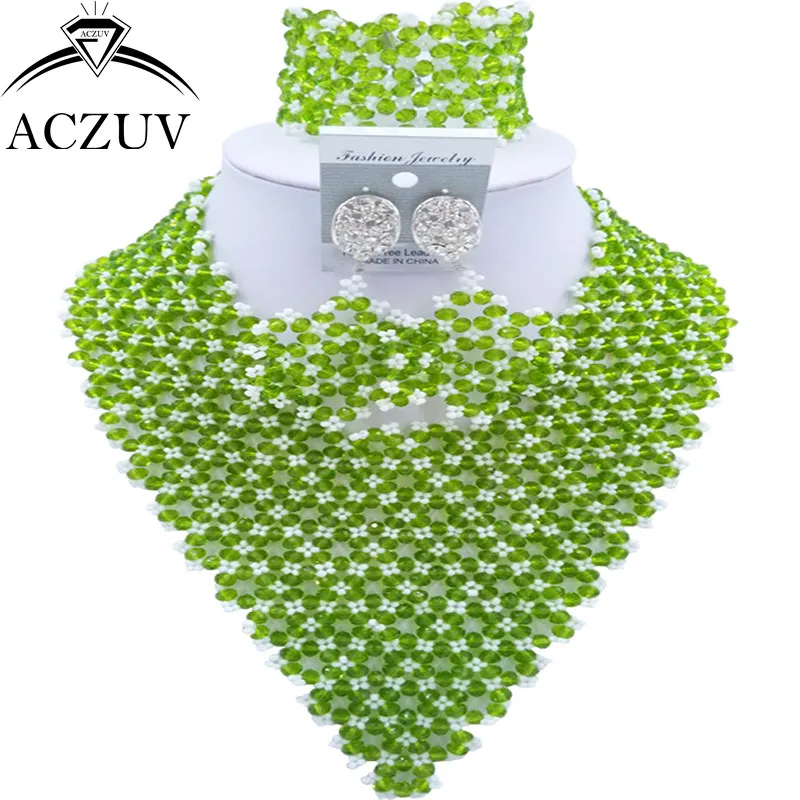 ACZUV бренд оливково-зеленые Африканские свадебные бусы наборы свадебных ювелирных изделий нигерийское ожерелье и серьги браслет AJ009
