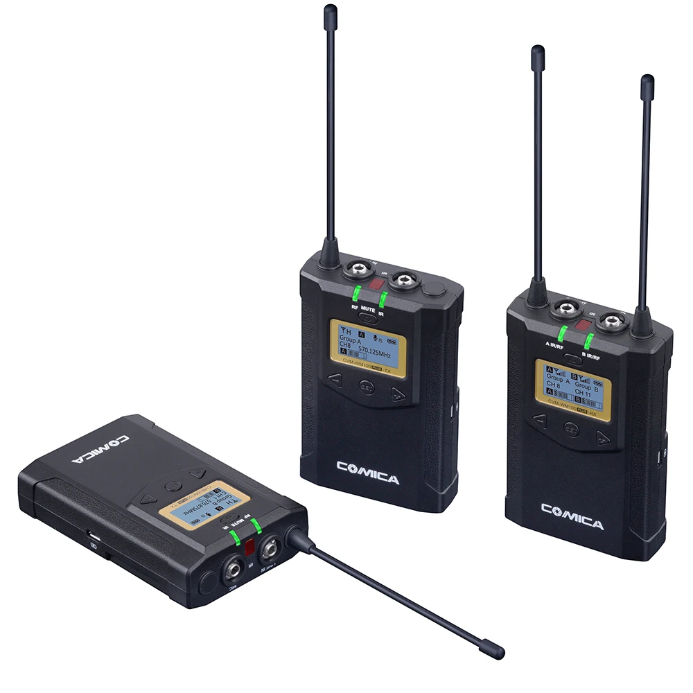 CoMica CVM-WM100 PLUS UHF 48-Channels Mono/Stereo Real-Time Monitoring Wireless Microphone with Dual-Transmitter and One Receive |