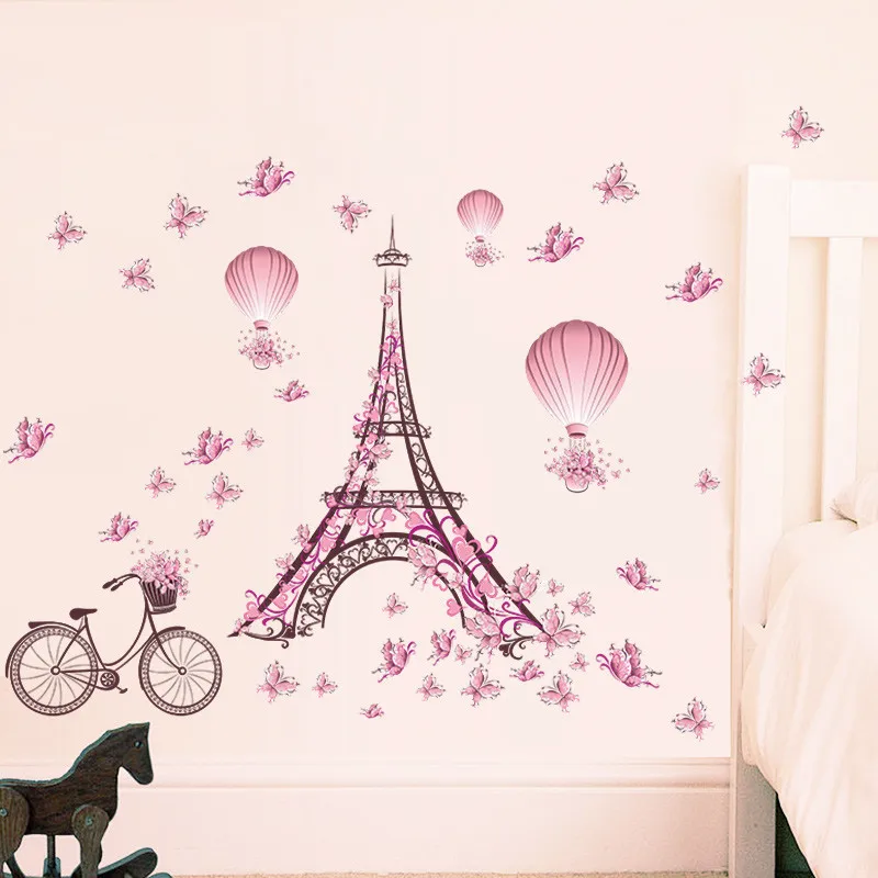 

Romantic Eiffel Tower Wall Stickers Decals Living Room Bedroom Decoration Bicycle Flower Hot Air Balloon Kids Room Decoration