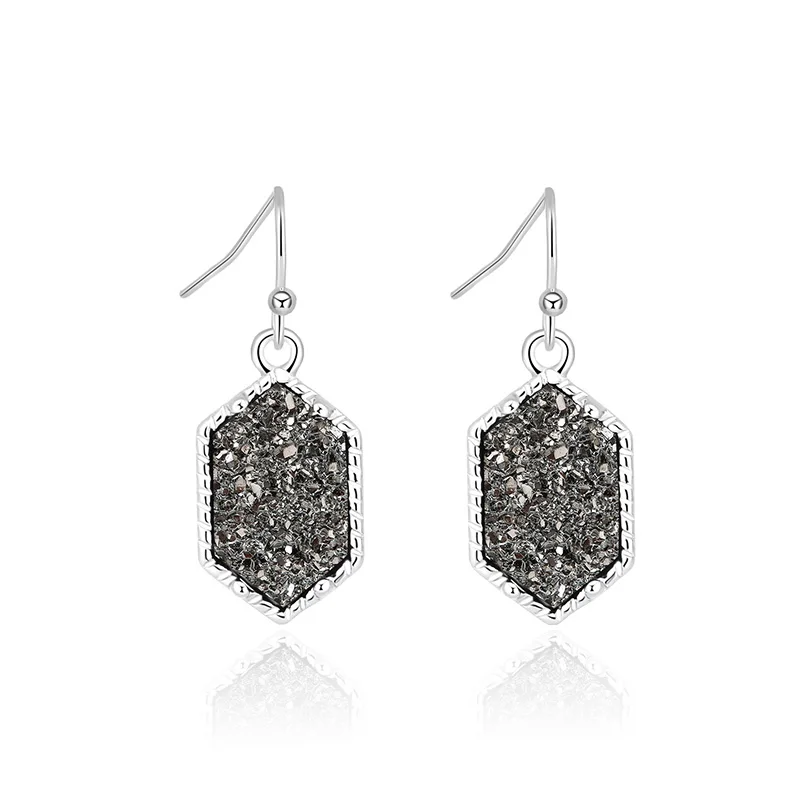 Drusy шестигранные Висячие серьги, Имитация кристаллов, камни Друза, позолоченные сережки с серебряным покрытием, брендовые ювелирные изделия для женщин