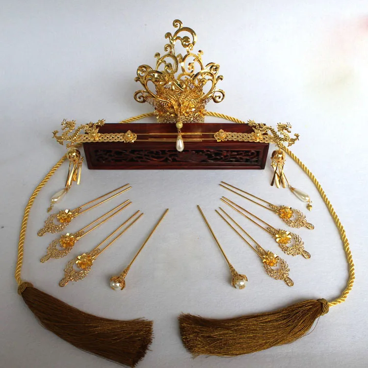 A199 Thread Tassel Hair Accessory Set Dragon Phoenix Vintage Sticks Tang Dynasty Princess Tiara Crown Piece |
