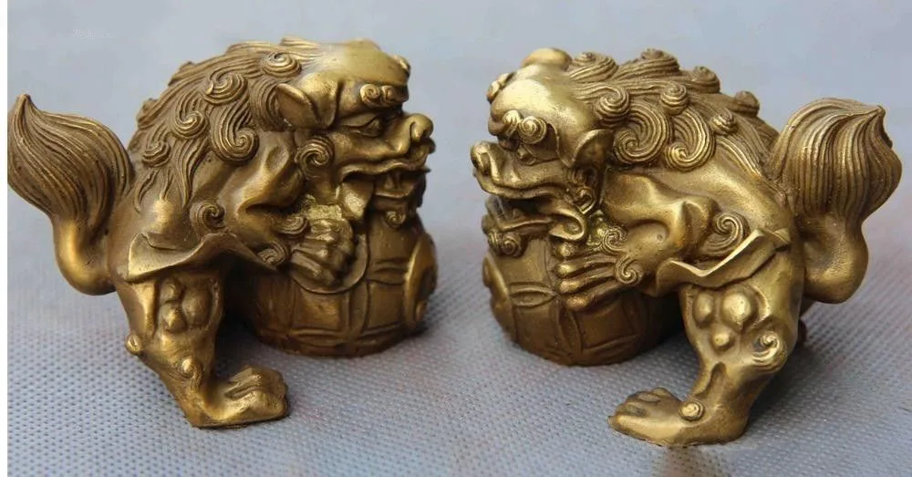 Chinese Fengshui Animal Copper Brass Foo Dog Lion Kylin Unicorn Play Ball Statue | Statues &amp Sculptures