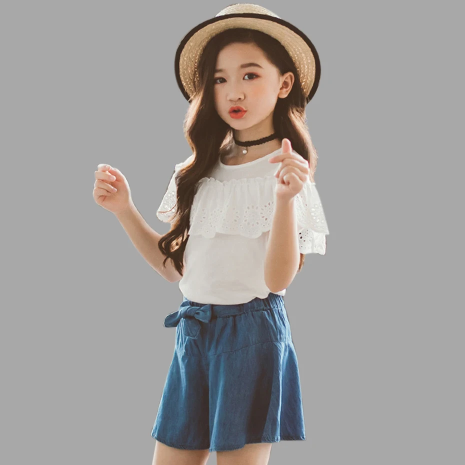 Одежда для девочек летняя детская одежда белая рубашка + джинсовые шорты Модная