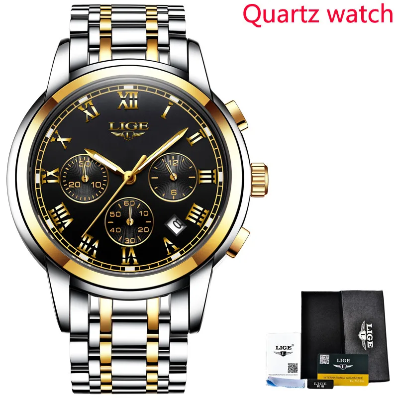 Steel gold black LIGE мужские часы Топ бренд класса люкс бизнес школьник автоматические механические часы спортивные водонепроницаемые мужские часы Военные мужские часы - Цвет: Steel gold black