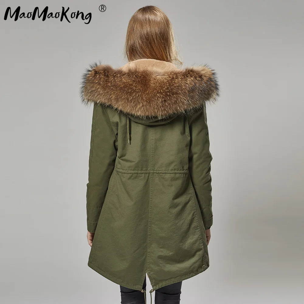 MAO KONG новинка 2019 Длинная тонкая зимняя куртка Parker Съемная Паркера с воротником из