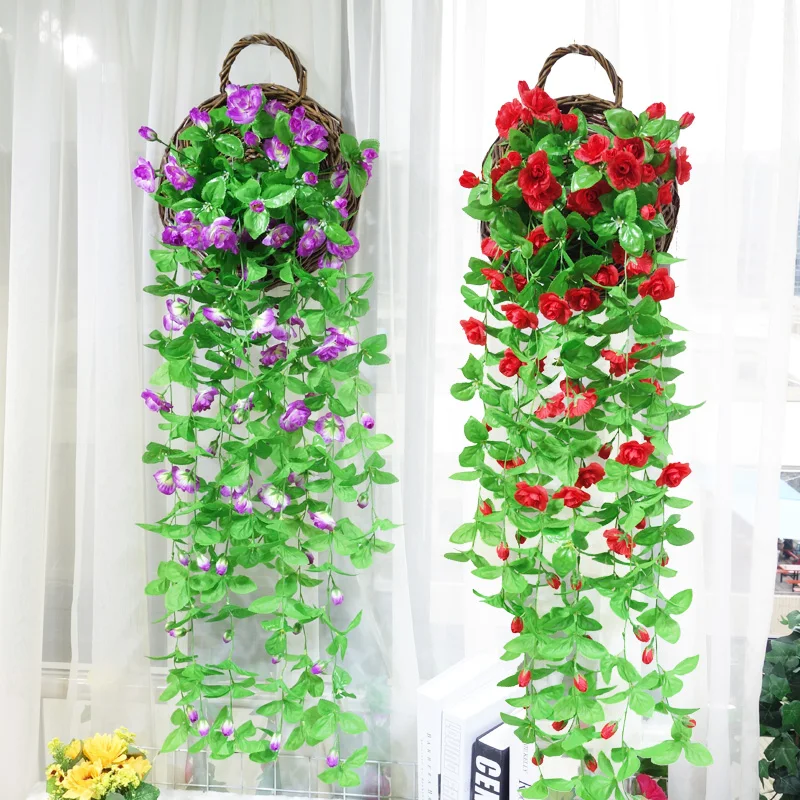 

Artificial Flowers Ivy Leaves Garland Rose Vine Wall Hanging Basket Roses Flower Rattan For Party Home Balcony Wedding Decor
