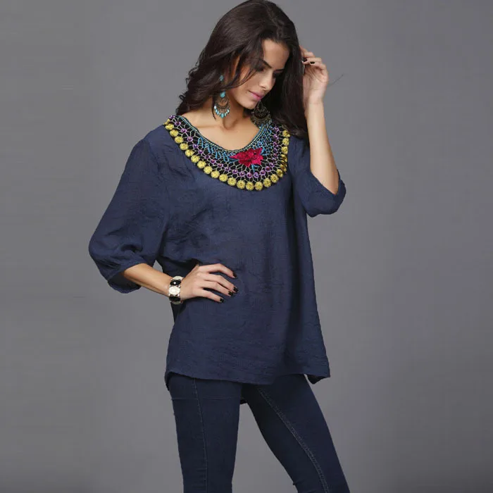 Плюс Размеры женская одежда летние льняные в богемном стиле рубашка с рукавом