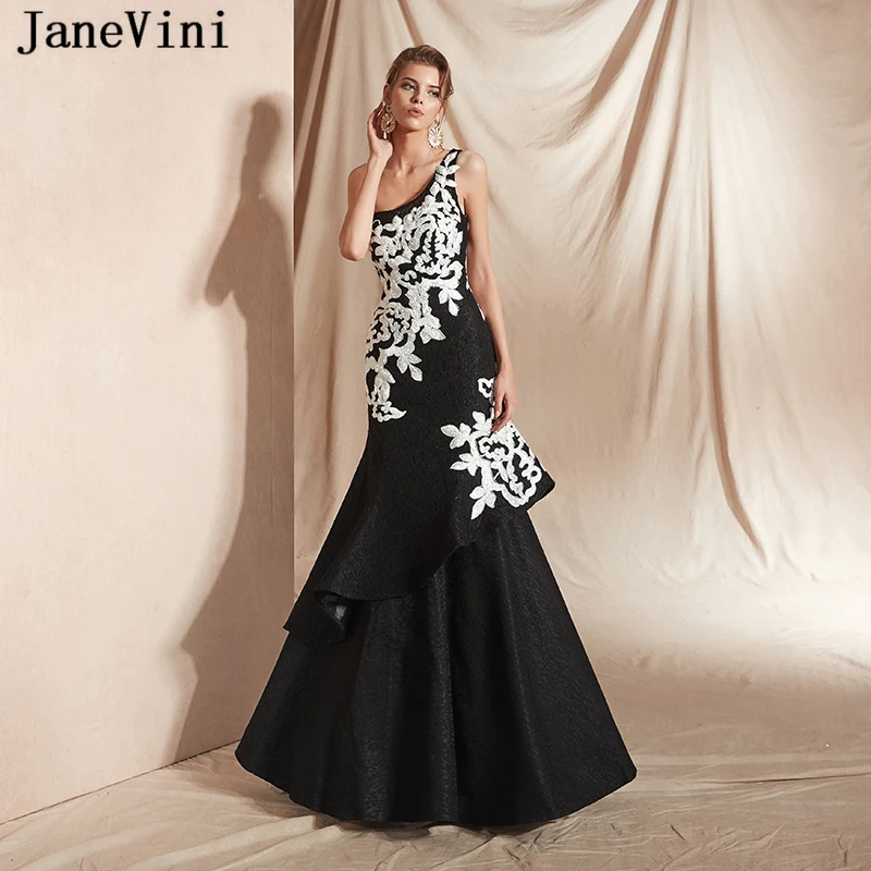 

JaneVini New Arrival One Shoulder Black Long Evening Dresses 2019 Sexy Mermaid White Appliques Lace Plus Size Formal Party Gowns