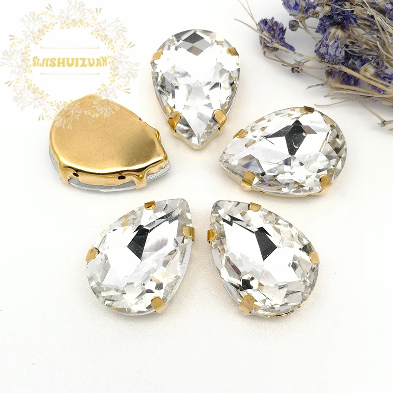 Хит продаж стразы из белого хрустального стекла в форме капли воды с золотым