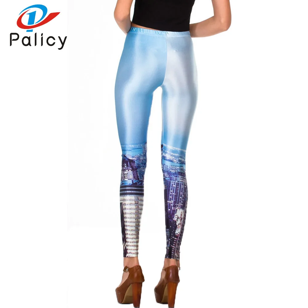 Palicy 2017 Thin Fitness Fashion 3D Print Leggings White City Life Women Mid Waist Breathable Trouser Slim Pants Stretch Casual