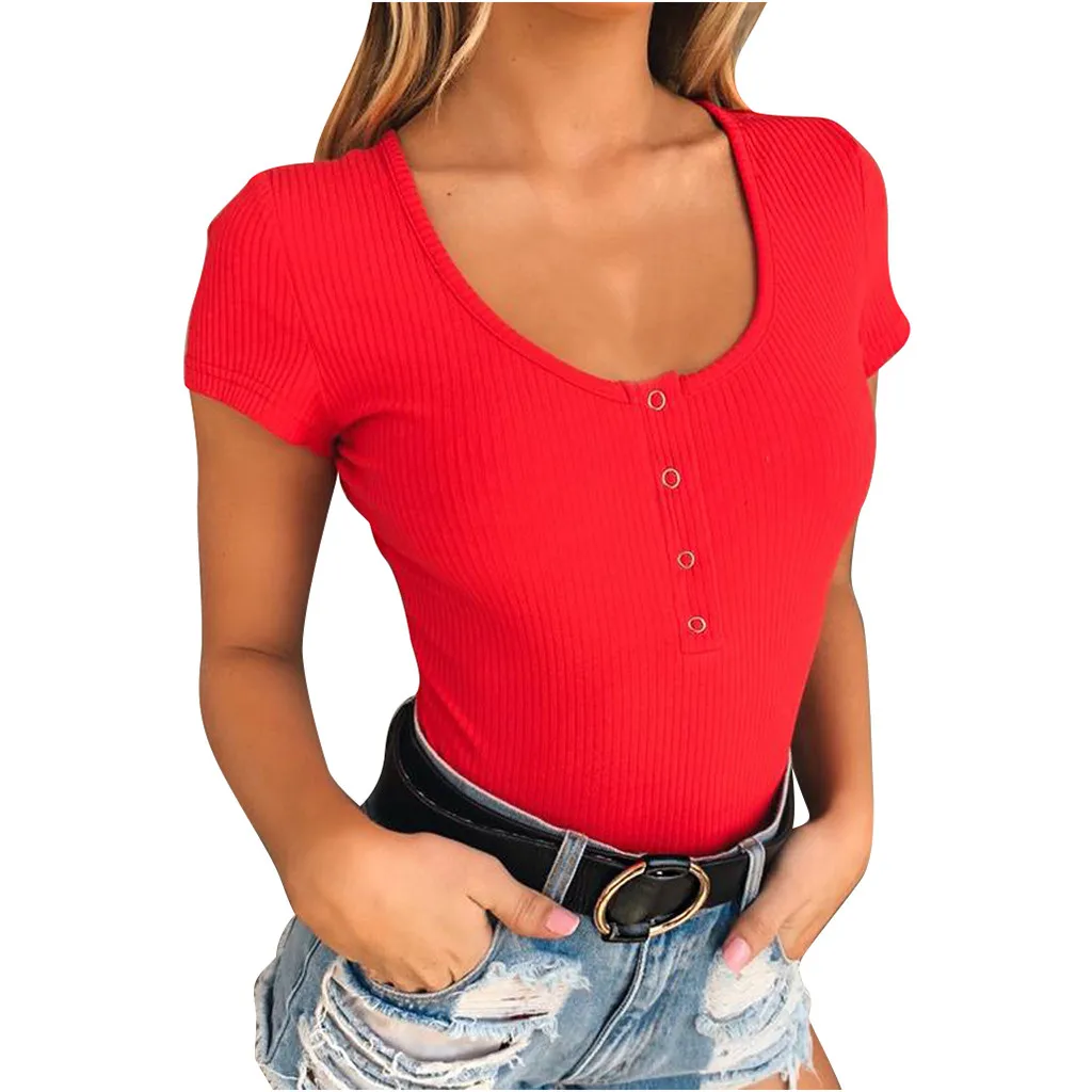 Красный Womail Fashion сексуальное боди для Для женщин комбинезон, одноцветная, крыглый ворот, короткий рукав грудь пуговицами эластичные Повседневное комбинезоны Jun08 - Цвет: Красный