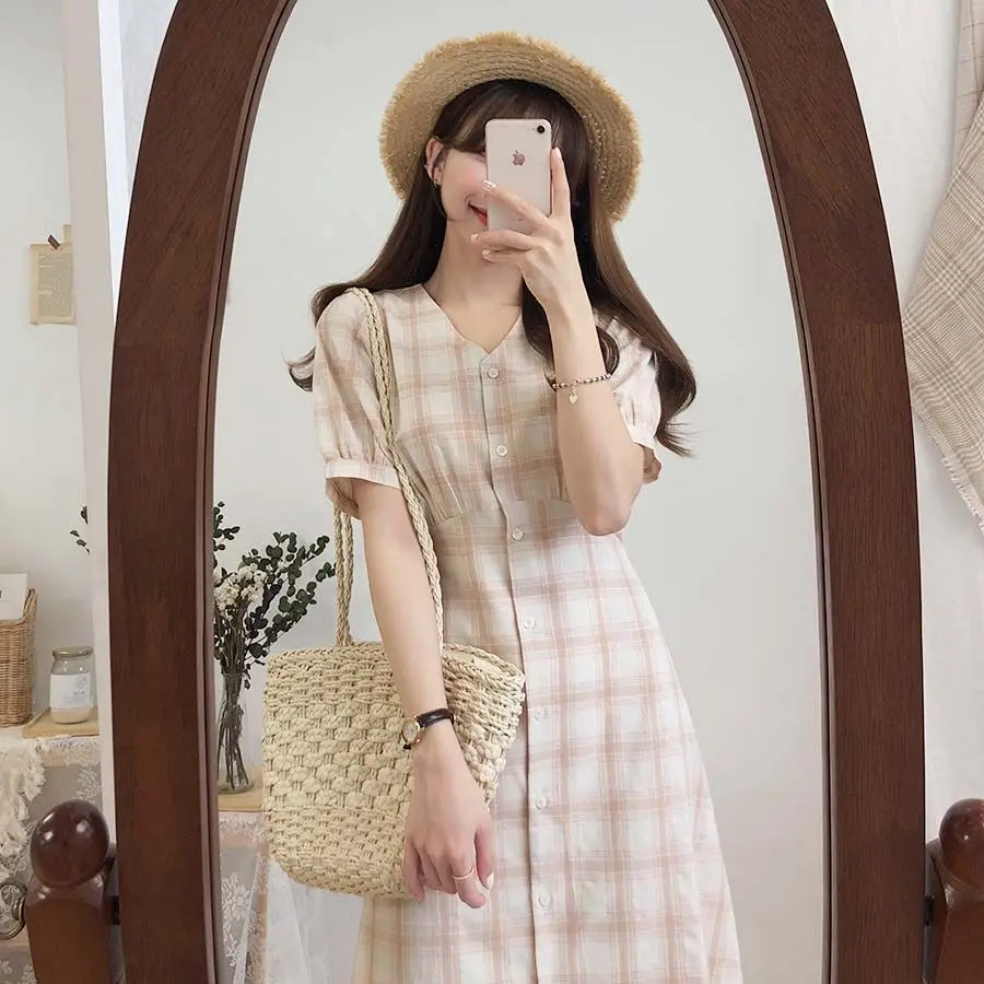 Большие размеры; летнее платье для девочек; Boho вечерние женские винтажные платья; клетчатый кардиган с пуговицами; женские платья с коротким рукавом; длинное платье; Vestido