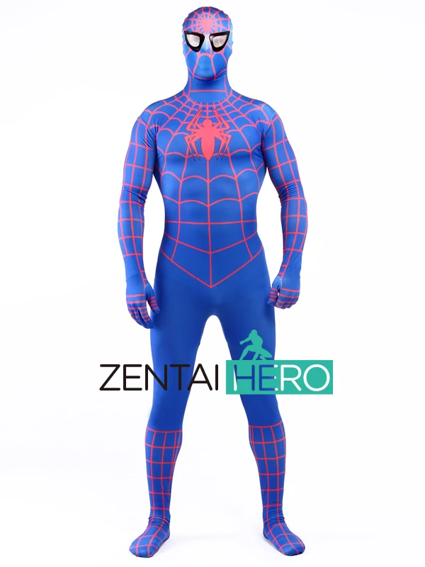 Бесплатная доставка DHL Новый синий и красный полоски костюм Человека паука из