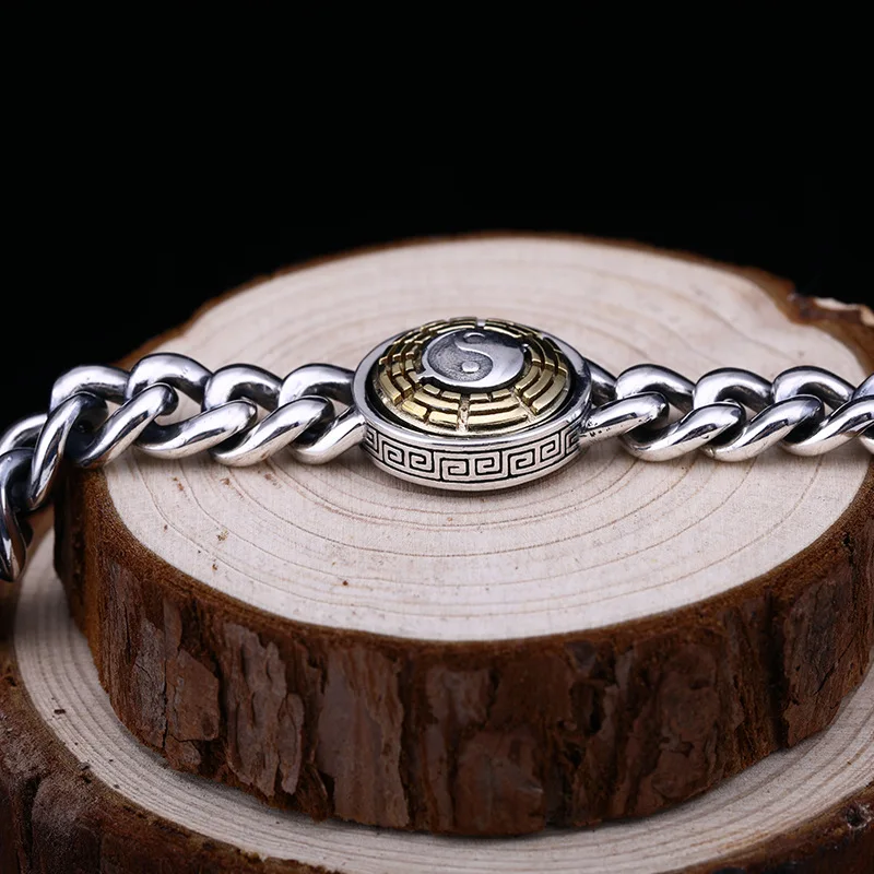 Gossip the eight trigrams bracelet Pure S95 sterling silver chunky cuban chain Spinner tai chi men's Fine Jewelry | Украшения и