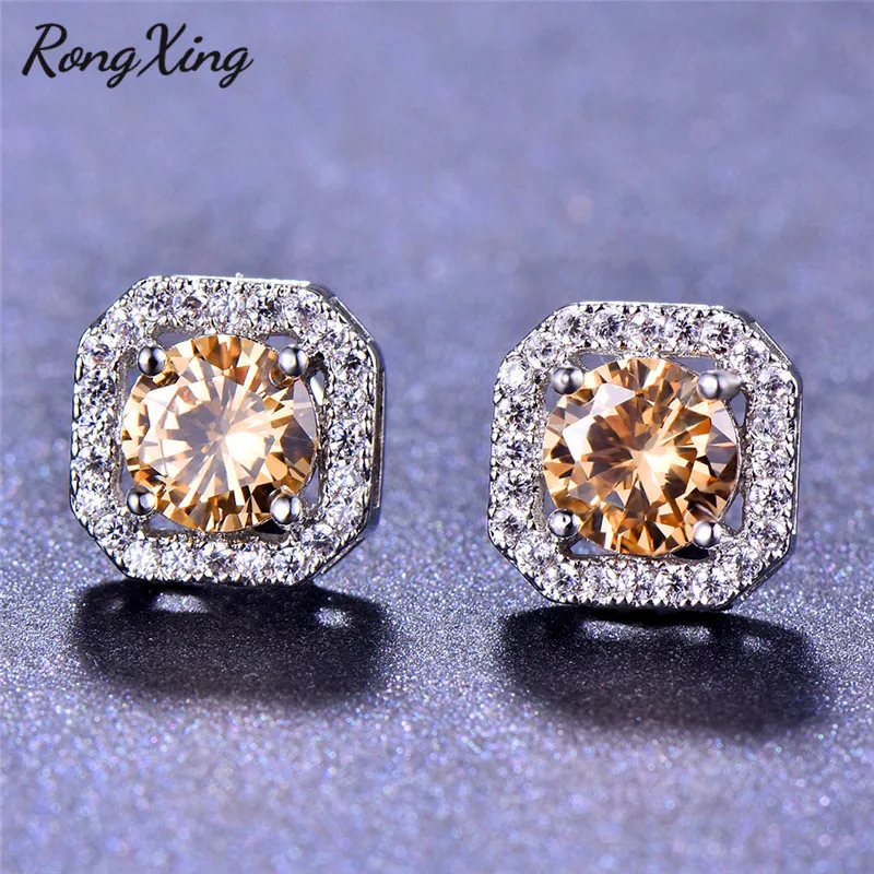 RongXing 925 пробы, заполненные серебром, белый/синий/зеленый огненный опал, циркониевые квадратные серьги-гвоздики для женщин, радужные серьги с камнем рождения